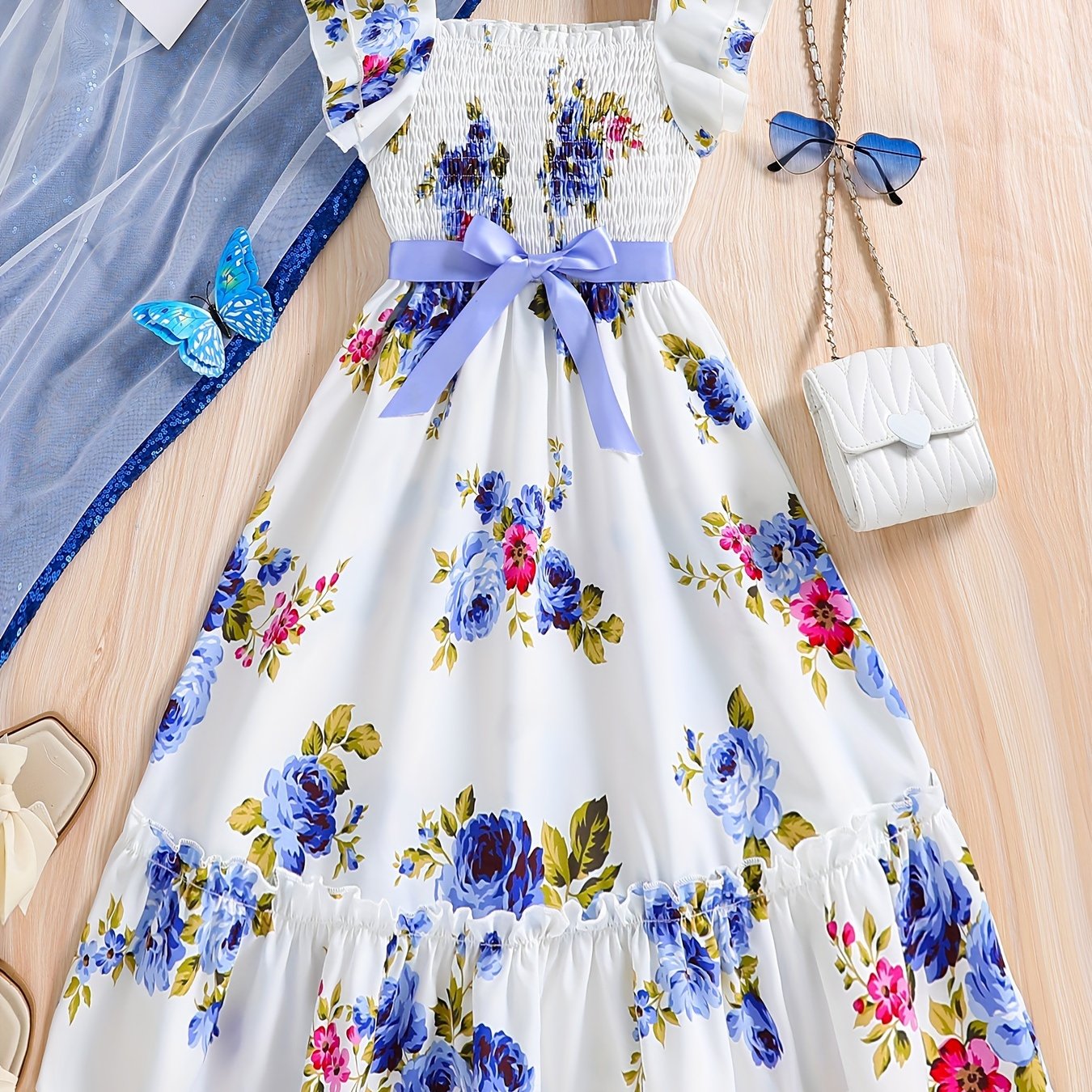 Summer Blossom: Elegant Floral Fit & Flare Dress for Girls - Sleeveless with Applique, Ruffle Trim, Durable & Easy-Care