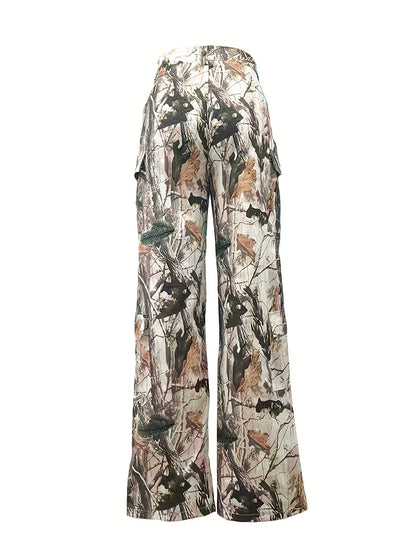 Stylish Camo Print High-Waist Loose-Fit Pants - Fashionable, Lightweight, Relaxed Straight Leg Design - Perfect for Casual Occasions, Everyday Wear, and Outdoor Activities