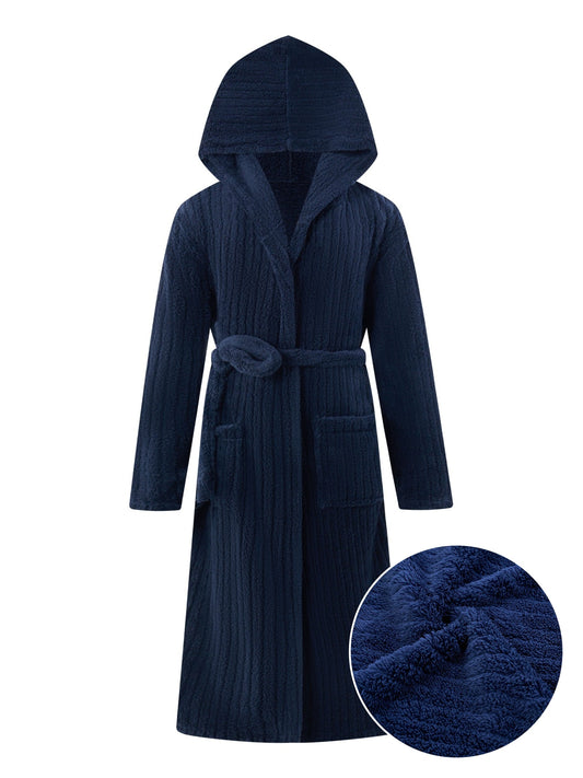 Men's Comfy Solid Fleece Robe Home Hooded Pajamas Wear With Pockets & Hair Dry Hat, One-piece Lace Up Kimono Night-robe Warm Sets After Bath