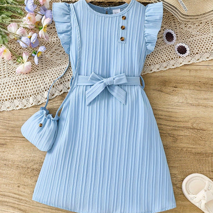 Girls Frill Sleeve Dress Set - Delicate Design, Includes Matching Bag, Perfect for Vacation & Summer Casual Wear, Great Gift Idea for Little Girls