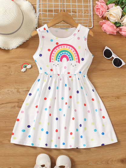 Girls Rainbow Charm - Vibrant Polka Dot Print Sleeveless Crew Neck Dress - Perfect Summer Fashion Gift for Little Princesses