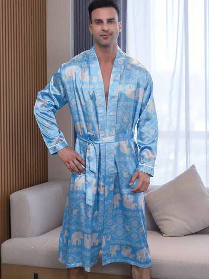 Men's Long Sleeve & Elephant Pattern Robes, Soft Comfy & Gentle Casual Nightgown For Men's Indoor Activities