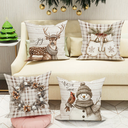 Set of 4 Christmas Velvet Throw Cushion Covers with Snowman, Deer, and Wreath Designs, Contemporary One-Sided Print Decorative Case for Farmhouse Sofa and Living Room Decor, Zipper Closure, Machine Washable - Without Inserts