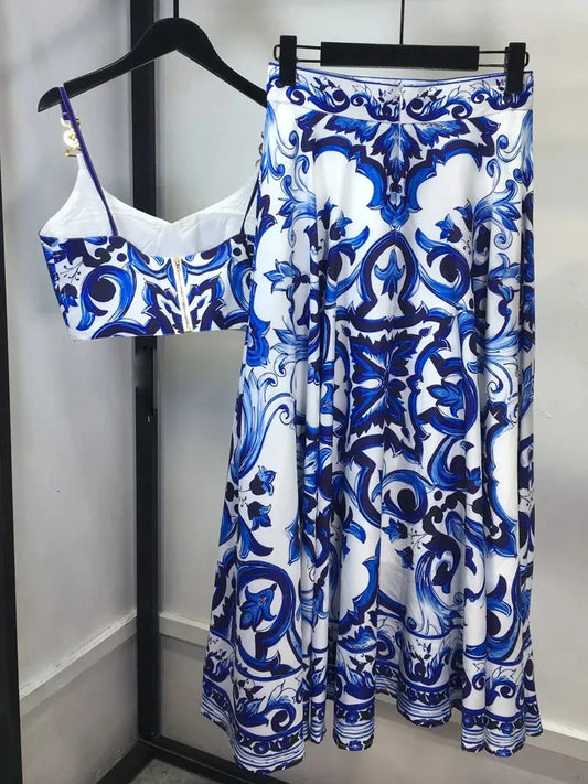 Banulin Bohemain 2-piece set of blue and white ceramic tiles womens spaghetti shoulder strap gold button vest topprinted long sleeved tight fitting clothes 240508