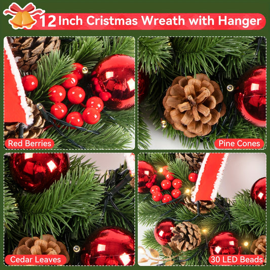 Christmas Wreaths For Door Wreath 12inch 30 LED Christmas Swag Christmas Decoration Christmas Wreath With Christmas Red Berries, Pine Cones, Cedar Leaves For Home Indoor Outdoor Decoration Gift Great Atmosphere  New