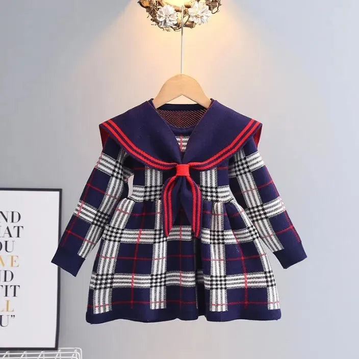 Retail Baby Girls Knitted Plaid Sweaters Dresses Spring Autumn Girl Long Sleeve Princess Dress Kids College Style Knitting Dress 2-7 Years