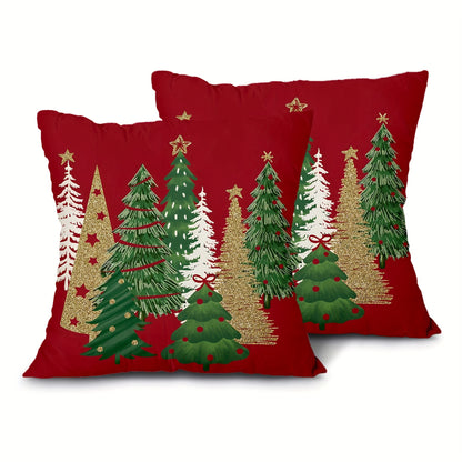2pcs Short Plush Christmas Tree Decorative Red Throw Pillows Winter Christmas Suitable For Bedroom Living Room Sofa Car Decoration 18*18 In One Side Printing No Pillow Core