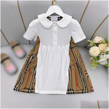 Girls Dresses 23Ss Princess Dress Short-Sleeved Kids Designer Clothes Lapel Lattice Splicing Belt Shirtdress Big Shirt Skirts Drop Del Dhnu8