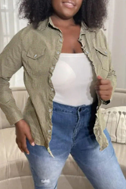 flowersverse flowersverse - Army Green Fashion Casual Solid Patchwork Turndown Collar Long Sleeve Regular Denim Jacket