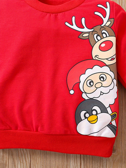 Toddler Baby Boys Cute Christmas Elk Santa Penguin Cartoon Print Sweatshirt Top Pants Outdoor Set, Kid's Party Casual Clothes