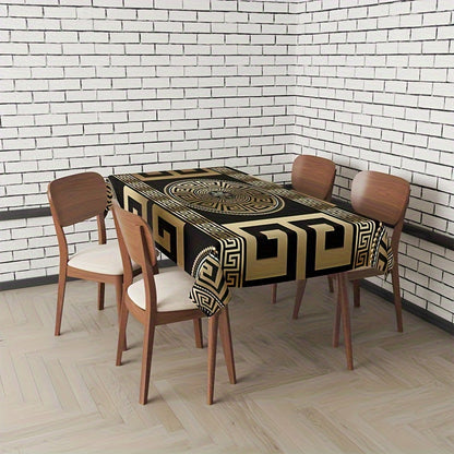 Luxury Black & Golden Geometric Print Tablecloth - Waterproof, Machine Washable, Non-Slip Rectangle Cover for Dining & Home Decor, Available in 35"x55" and 55"x78" Sizes