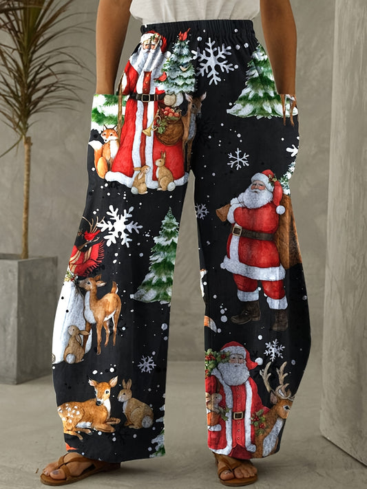 1pc Polyester Elegant Wide Leg Pants with Elastic Waist, Side Pockets, Festive Santa and Reindeer Design for Adults, Suitable for All Seasons