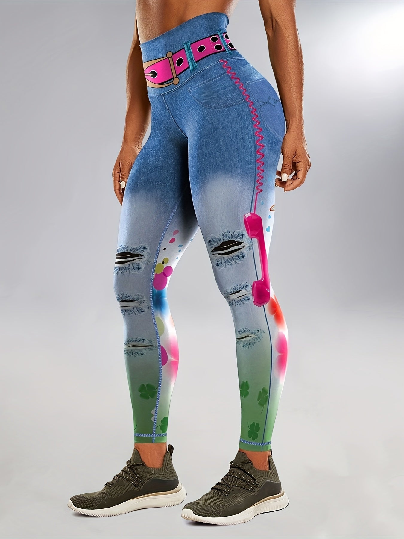 Faux Denim Print Color Butt Lifting Fitness Gym Sports Leggings, High Waist Yoga Workout Running Tight Pants, Women's Activewear