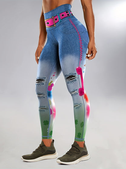 Faux Denim Print Color Butt Lifting Fitness Gym Sports Leggings, High Waist Yoga Workout Running Tight Pants, Women's Activewear