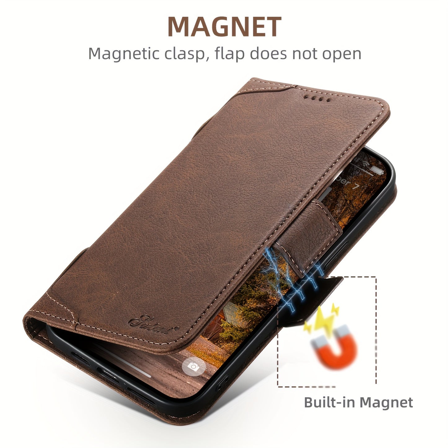 iPhone 12/13/14/15 Plus Pro Max Compatible - Premium Faux Leather Wireless Charging Magnetic Clamshell Phone Holster Wallet with Strong Magnetic Buckle and Card Slots - SUTENI Brand