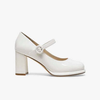 flowersverse - Women Basto Vintage Chunky Heel White Mary Jane