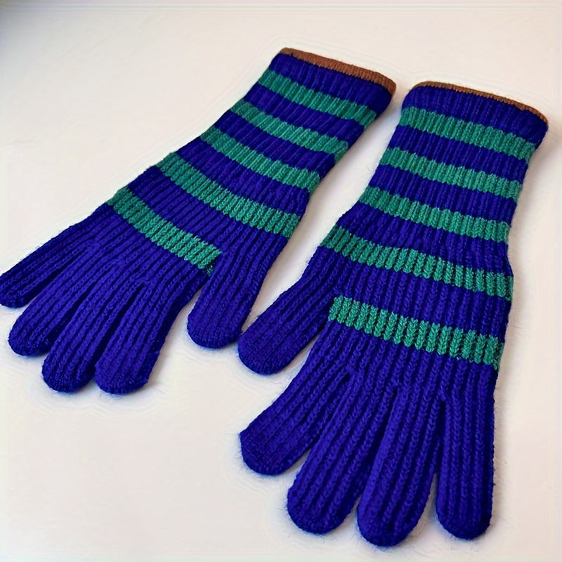 Striped Warm Knit Gloves, Touch Screen Wrist Cover Winter Windproof Gloves, Non-slip Outdoor Cycling Gloves For Students