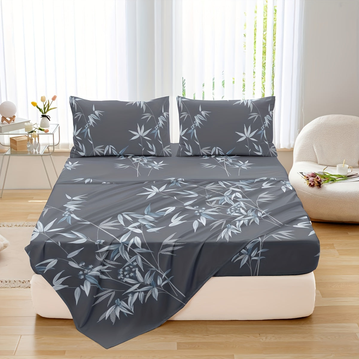 4pcs Luxurious Bamboo Leaf Print Fitted Sheet Set - Soft, Breathable, Comfortable, Hypoallergenic Bedding for Bedroom, Guest Room - 1 Flat Sheet, 1 Fitted Sheet, 2 Pillowcases, No Core Included, Easy Care, Wrinkle-Resistant, and Fade-Proof