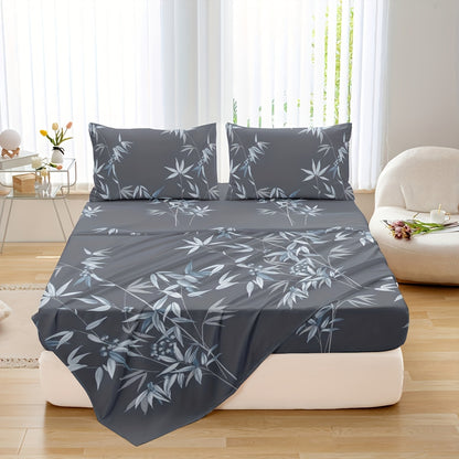 4pcs Luxurious Bamboo Leaf Print Fitted Sheet Set - Soft, Breathable, Comfortable, Hypoallergenic Bedding for Bedroom, Guest Room - 1 Flat Sheet, 1 Fitted Sheet, 2 Pillowcases, No Core Included, Easy Care, Wrinkle-Resistant, and Fade-Proof