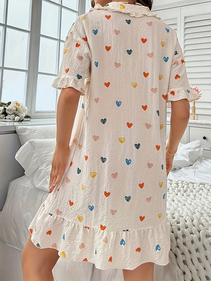 Women's Sweetheart Ruffle Hem Nightdress - Short Sleeve, Button-Up, Peter Pan Collar Sleepwear for Comfy Nights