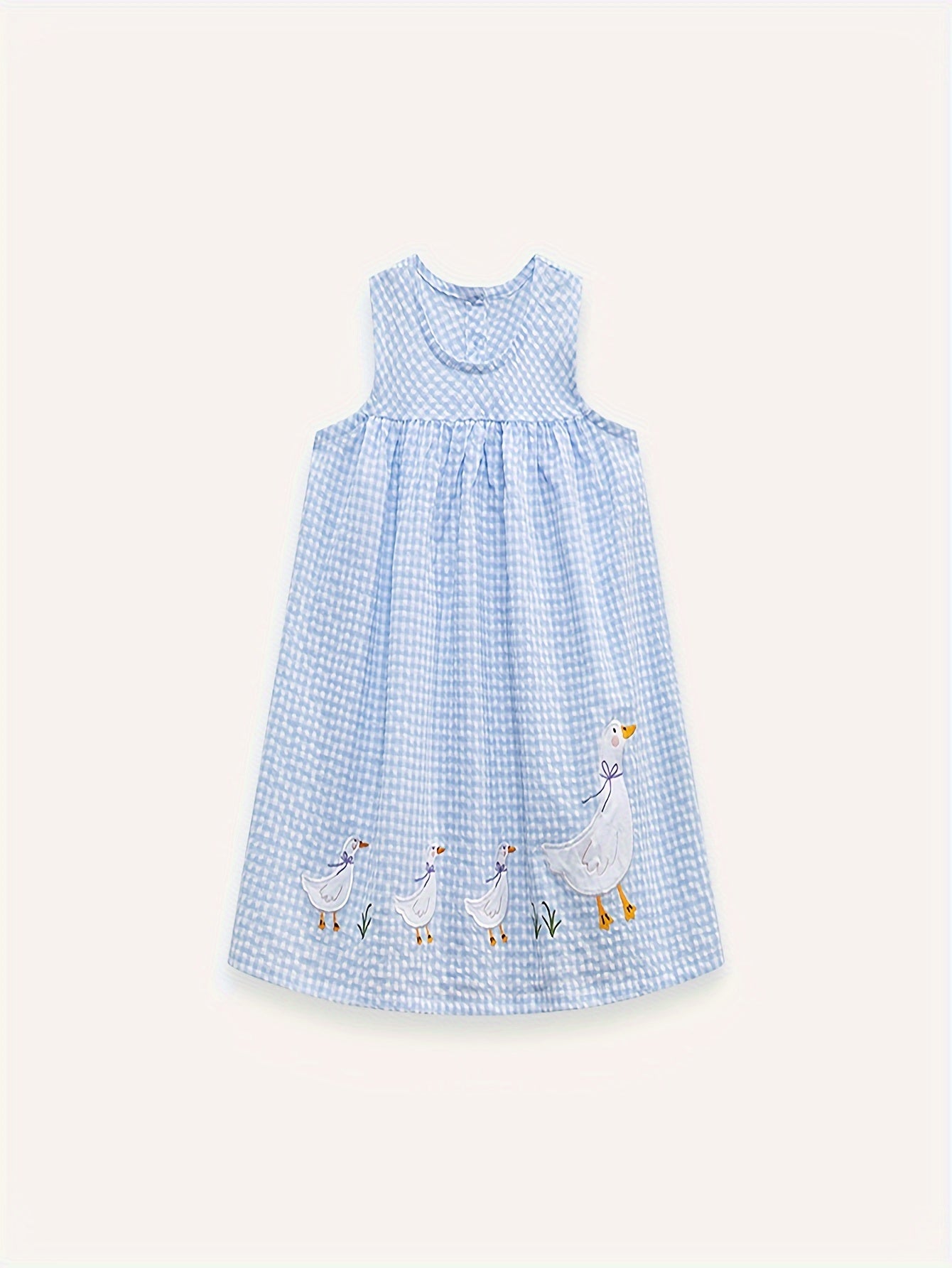 Adorable Girls Sleeveless Duck & Plaid Dress - Breathable Round Neck - Perfect for Summer Holidays - Casual & Fashionable