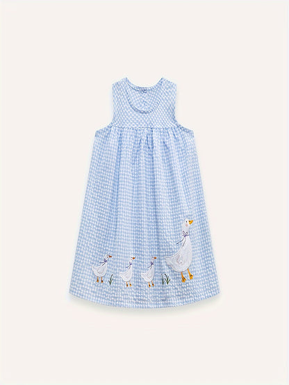 Adorable Girls Sleeveless Duck & Plaid Dress - Breathable Round Neck - Perfect for Summer Holidays - Casual & Fashionable