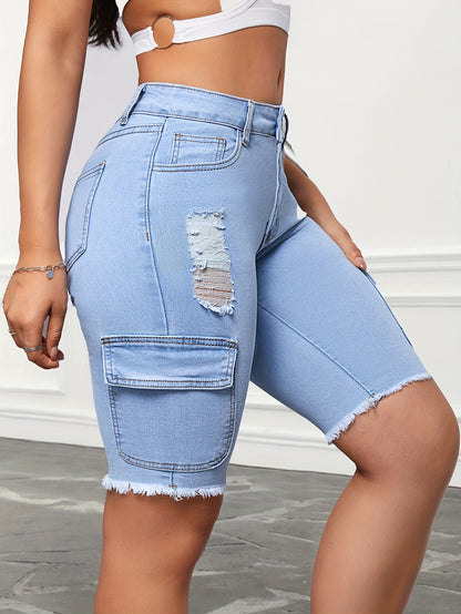 Women's High-Waisted Stretchy Flap Pocket Denim Bermuda Shorts, Fashionable Ripped Hem, Streetwear Knee-Length Jean Shorts