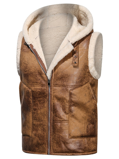 Premium Mens Faux Leather Sleeveless Hooded Vest - Ultra-Soft Fleece for Winter Warmth - Stylish Outwear Clothing for Men