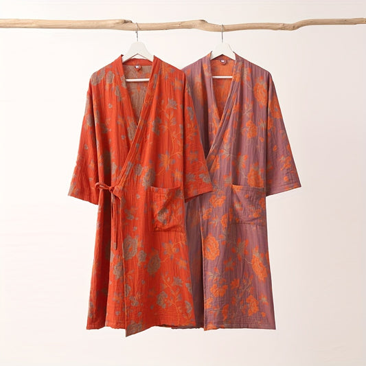 1pc Summer Women's Bathrobe, Absorbent Cotton Floral Printed Sleepwear, Super Soft Spa Robe, For Bathroom Bedroom Spa, Ideal Bathroom Supplies, Summer Accessories