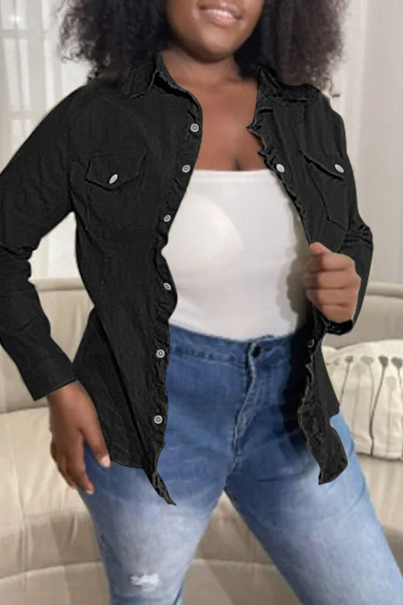 flowersverse flowersverse - Army Green Fashion Casual Solid Patchwork Turndown Collar Long Sleeve Regular Denim Jacket