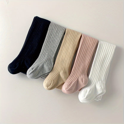 5 Pieces Of Girl's Spring/Autumn Simple Knee-High Socks, Soft Elastic Comfy Socks For Outdoor Wear