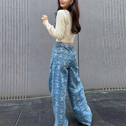 South Oil High end Womens Wear 24 New Small Fragrance Full Print Sticking Diamond Trendy Narrow Straight Tube Denim Pants for Women