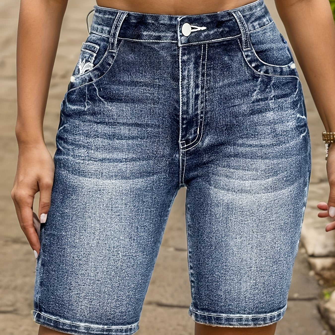 Women's Vintage-Inspired Denim Shorts - Embroidered Detail, Whiskered Wash, Casual Summer Wear