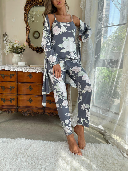 Chic Floral Pajama Set for Women: Cozy Knit Top, Elastic Pants & Belted Robe - Fall/Winter Casual Sleepwear