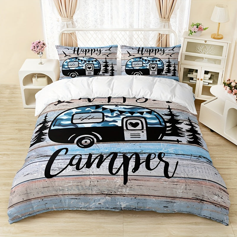 3pcs Camping Theme Duvet Cover Set, Fashion Forest Car Print Bedding Set, Soft Comfortable Duvet Cover, For Bedroom, Guest Room (1*Duvet Cover + 2*Pillowcase, Without Core)