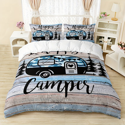 3pcs Camping Theme Duvet Cover Set, Fashion Forest Car Print Bedding Set, Soft Comfortable Duvet Cover, For Bedroom, Guest Room (1*Duvet Cover + 2*Pillowcase, Without Core)