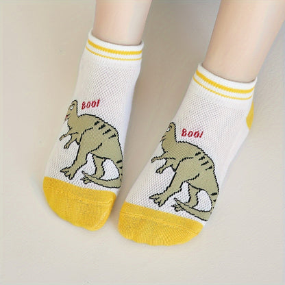 5 Pairs Of Boy's Trendy Dinosaur Pattern Thin & Mesh Breathable No Show Socks, Comfy Casual Soft Socks For Kid's Outdoor Activities