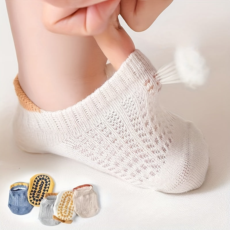 2/5 Pairs Baby Boy's Non-Slip Socks, Solid Bottom Rubber Dot Cotton Blend Comfy Breathable Soft Socks For Toddler Wearing