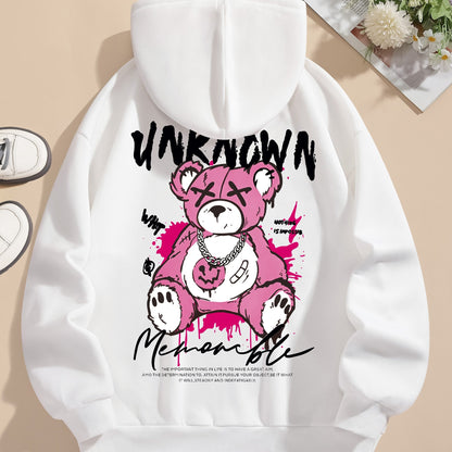 Womens Cute Cartoon Bear Print Hooded Sweatshirt - Soft Long Sleeve Drawstring Casual Wear - Trendy Comfortable Relaxed Fit for Everyday Fashion