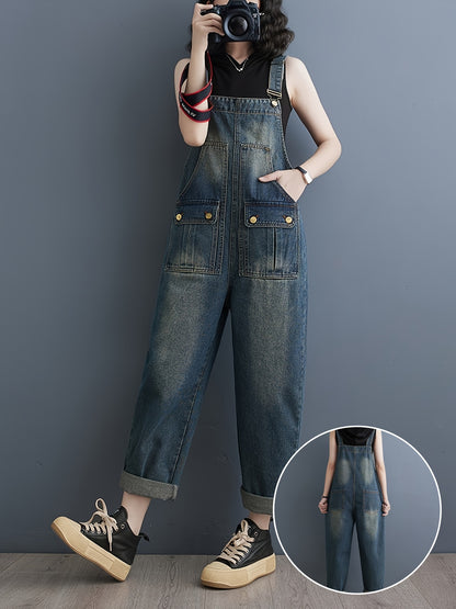 Women's Casual Distressed Denim Overalls, Loose Fit Adjustable Denim Jumpsuit With Pockets