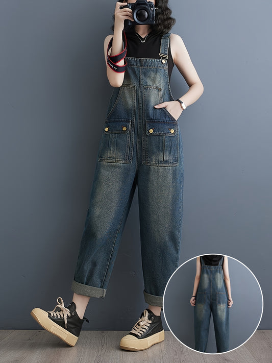 Women's Casual Distressed Denim Overalls, Loose Fit Adjustable Denim Jumpsuit With Pockets