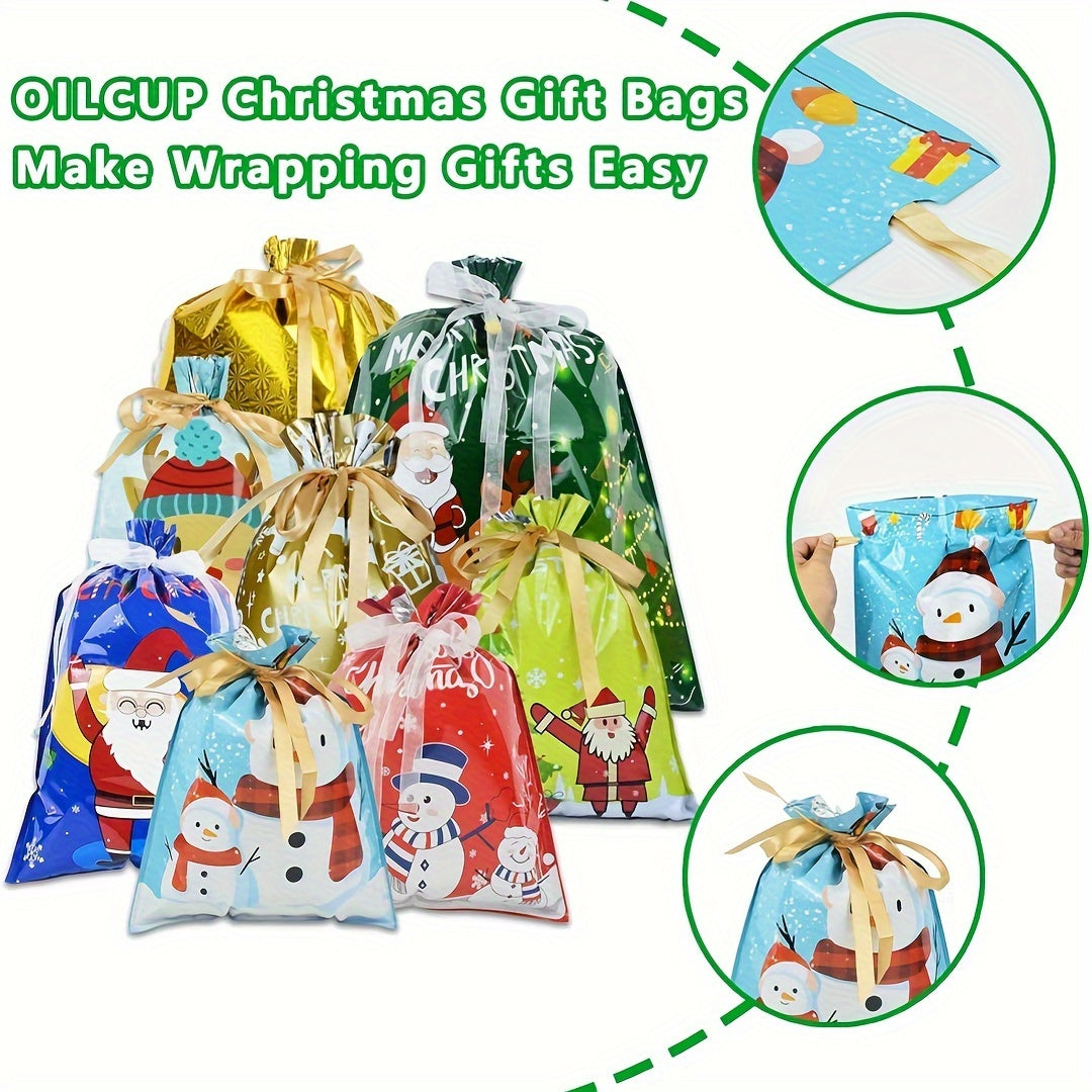 28PCS Assorted Sizes Christmas Drawstring Gift Bags With Ribbon Tie, 4 Sizes, 8 Designs For Xmas Holiday Presents Party Favor Goody Bags Jumbo/Extra Large/Medium/Small Santa Wrapping Bag