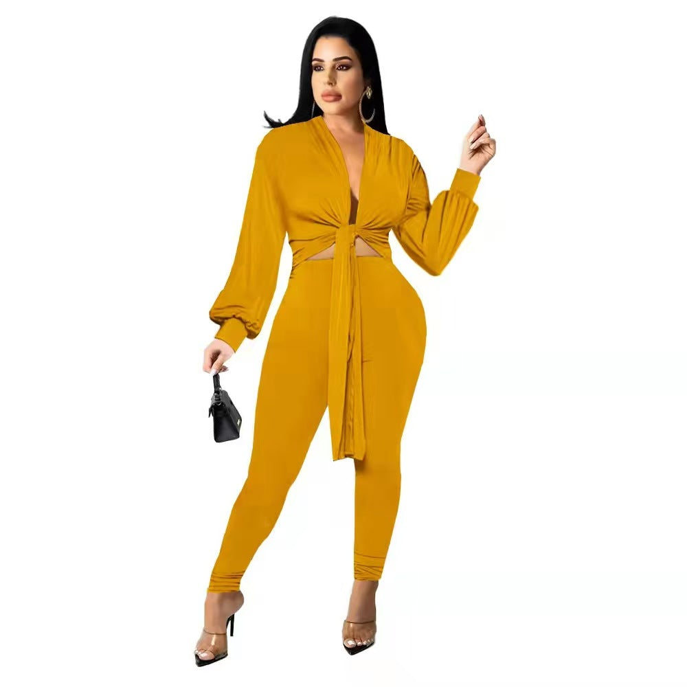 New Arrival Fashion Design two pieces  Sexy Women Set Solid O-neck Long Top  And  Long Pants  Summer  Outfits