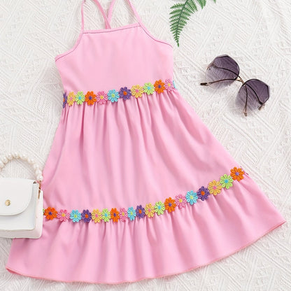 Toddler Girls Flowers Applique Ruffled Hem Cami Princess Dress For Party Beach Vacation Kids Summer Clothes