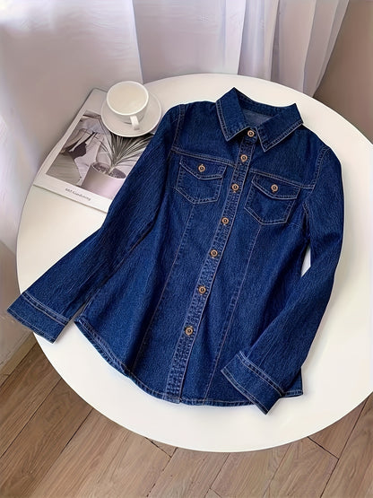 Classic Long Sleeve Denim Shirt - Casual Washed Blue, Button-Fly with Flap Pockets, Women's Everyday Comfortable Denim Apparel