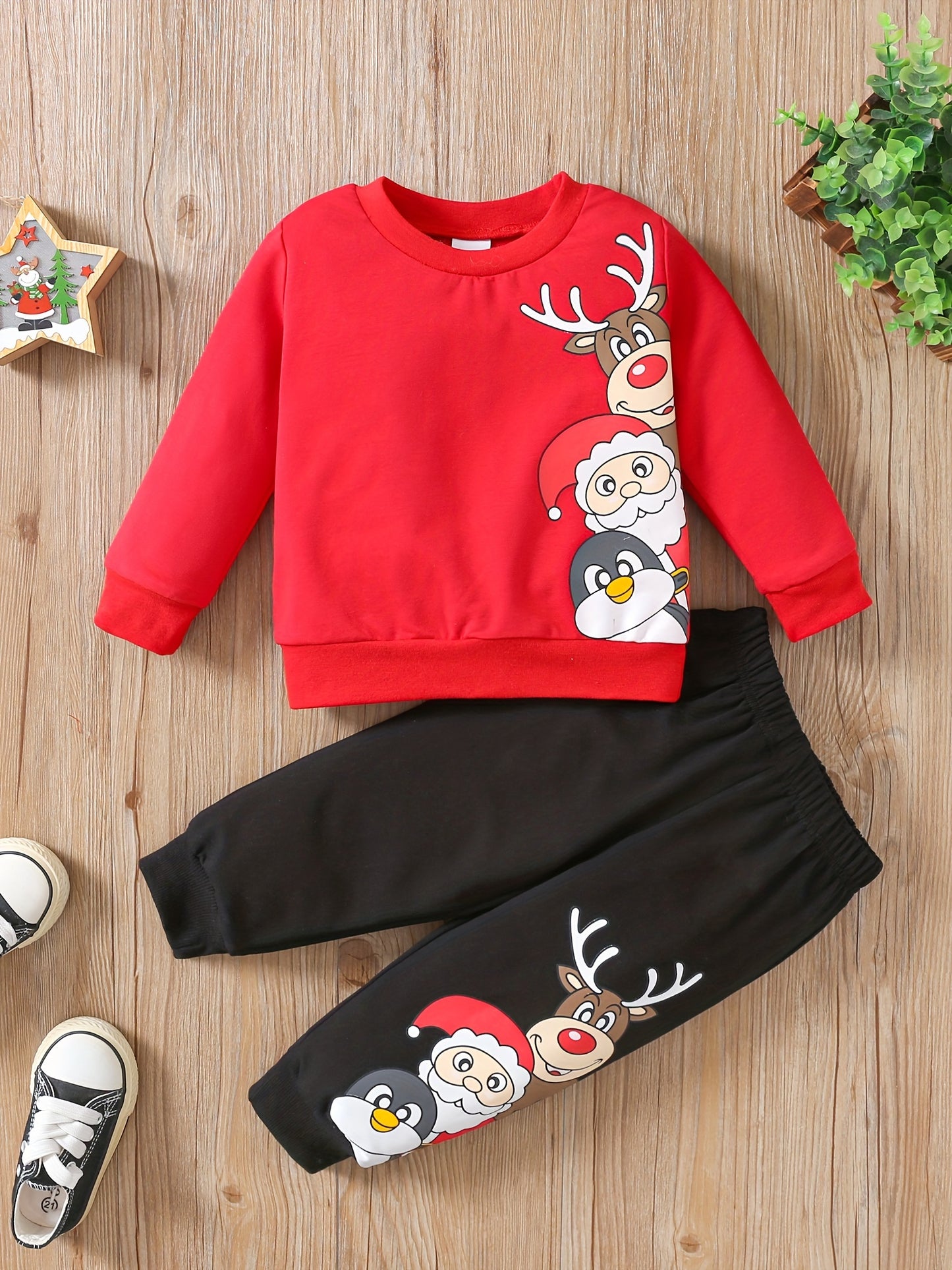 Toddler Baby Boys Cute Christmas Elk Santa Penguin Cartoon Print Sweatshirt Top Pants Outdoor Set, Kid's Party Casual Clothes