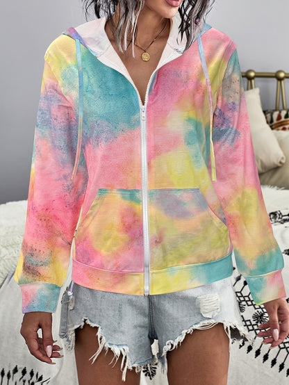 Tie Dye Zip Up Hoodie, Casual Long Sleeve Drawstring Hoodies Sweatshirt, Women's Clothing