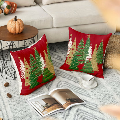 2pcs Short Plush Christmas Tree Decorative Red Throw Pillows Winter Christmas Suitable For Bedroom Living Room Sofa Car Decoration 18*18 In One Side Printing No Pillow Core