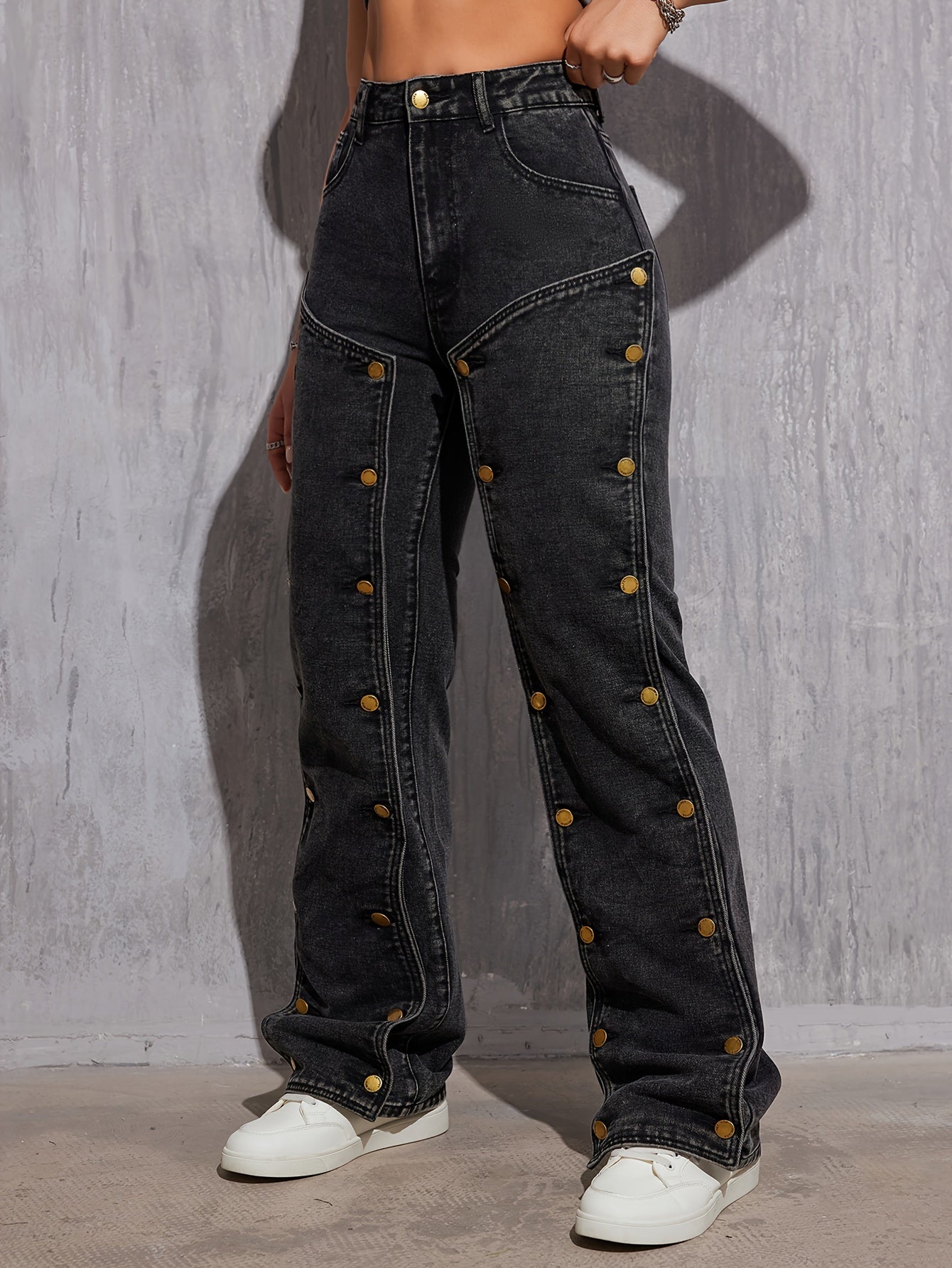 Womens High-Rise Street Chic Jeans - Non-Stretch Hip Hop Cargo Pants with Removable Buttons & Practical Pockets - Denim Workwear Style