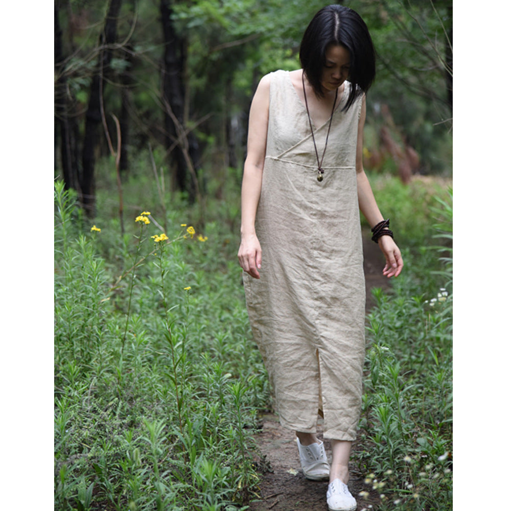 FLOWERSVERSE Su Nian Weiyang 1707/Wood Black, Ramie Simple Literary Sleeveless Pullover Bottom V-Neck Dress